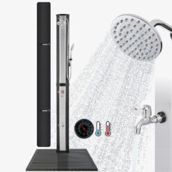 Solardusche 60L Mit Thermometer Und Handbrause Schwarz-silber Mit Bodenplatte Anthrazit -Arebos Verkaufsgeschäft 1 Gallery 4252023108249 2 1 197a