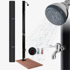 Solardusche 20L Schwarz - Bodenplatte Holzoptik